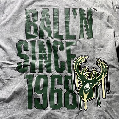 Milwaukee Bucks T Shirt Mens MED BALL'N Heathered Gray Since 1968 NWT NBA LAB