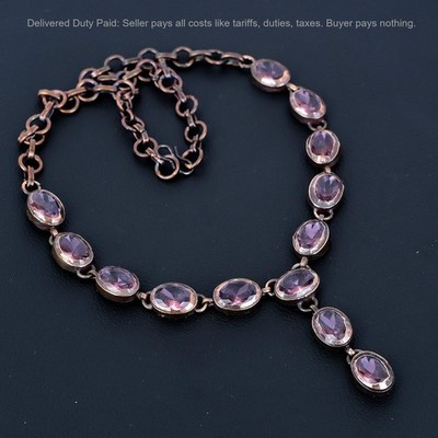Copper Oval Pink Kunzite Gemstone Electroformed Daughter Chain Necklace Jewelry