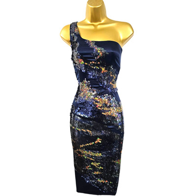 Karen Millen 10 UK Vintage Navy Silk One Shoulder Sequin Sparkle Pencil Dress