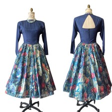 vintage 1980s navy blue floarl lurex metallic fit and flare prom dress open back