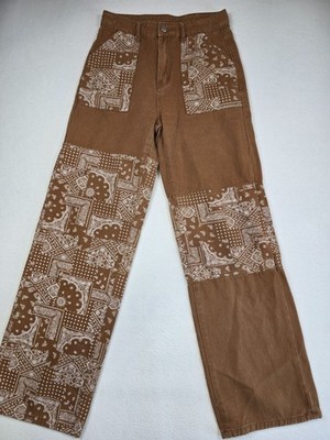 Shein Brown Denim Patchwork Pants Festival Sz 4 Small Boho Hippie Wide Leg Jeans