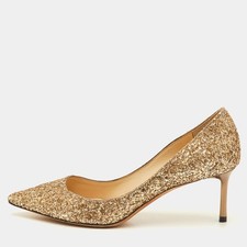 Jimmy Choo Romy Size 37 Metallic Gold Coarse Glitter Pointed Toe Pumps