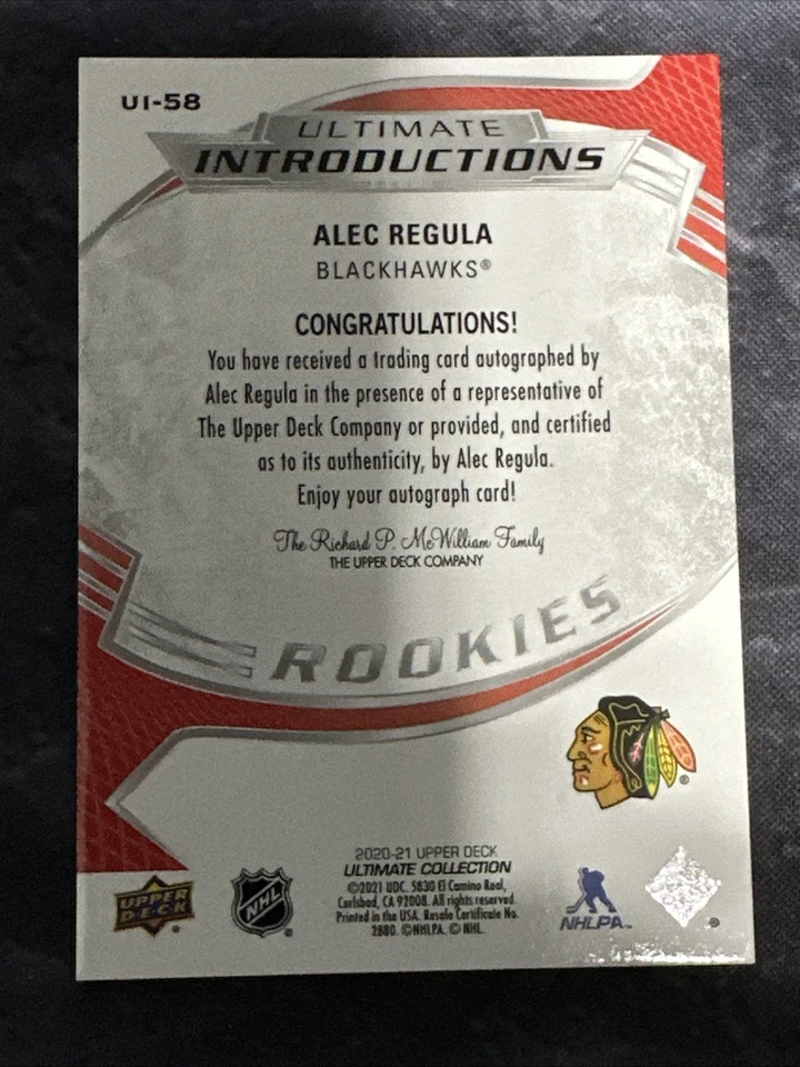 2020-21 Ultimate - Ultimate Introductions Autographs UI58 Alec Regula Blackhawks - Image 2 of 2