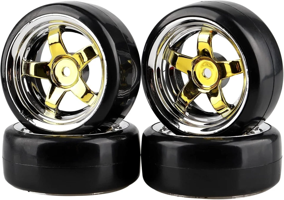 Sleek Gold 5-Spoke 12mm Wheels with Sturdy Hard Tires for 1:10 Drift Cars - Image 3 of 4