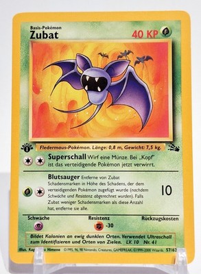 Pokemon Karte Zubat 57/62 1. Edition Dschungel Fossil Set EX