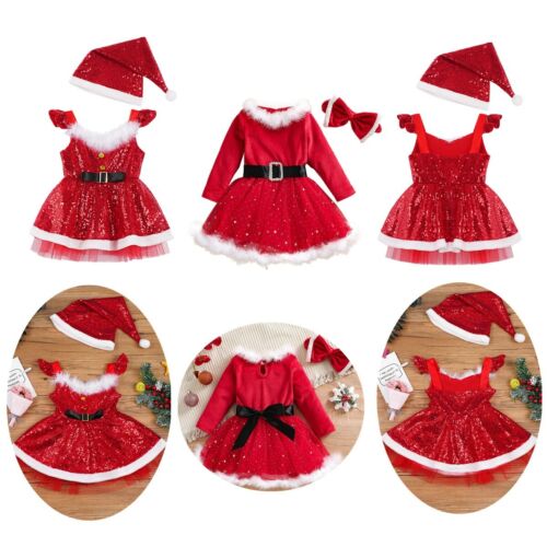Kids Girls Christmas Santa Costumes Velvet Tutu Fancy Dress Xmas Party Outfits - Picture 1 of 26