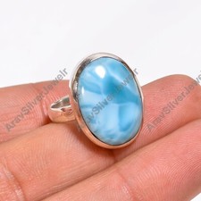 Natural Larimar Gemstone Ring 925 Sterling Silver Boho Rings Gift Jewelry Women