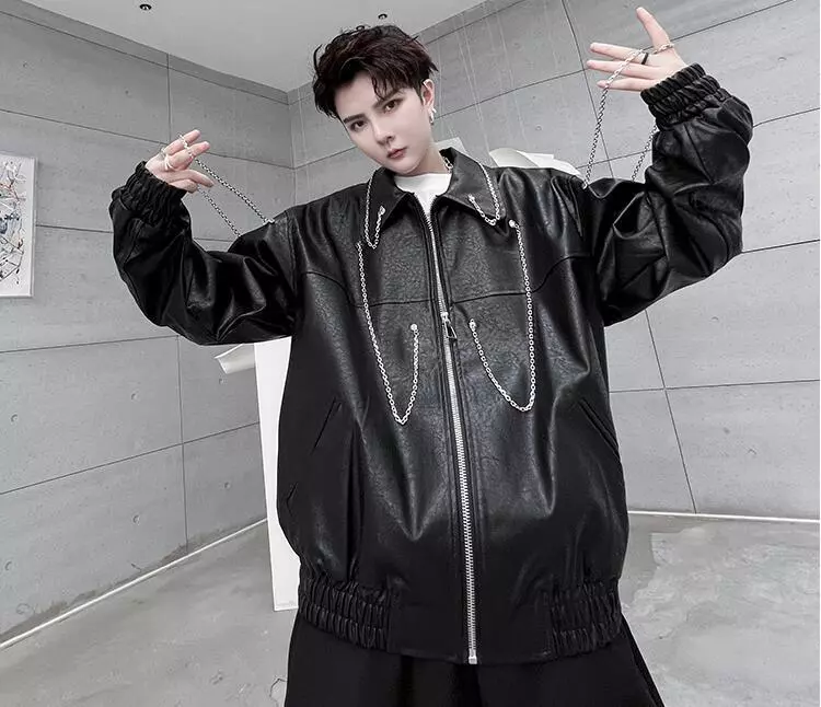 Men's Fashion Punk Gothic Lapel Long Sleeve Metal Chain Faux Leather  Jacket Coat