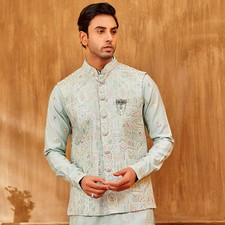 3 Pc Indian Mens Wedding Bollywood Designer Wear Kurta Payjama Jacket Set India