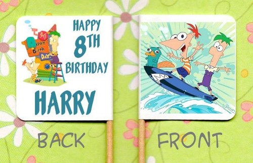 20 PERSONALISED PHINEAS AND FERB CUP CAKE FLAG Party Topper Decoration Birthday - Picture 2 of 2