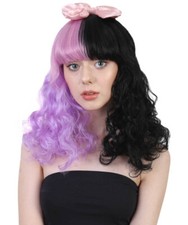 Adult Purple Black Wavy Curly Wig With Pink Bow Cosplay Melanie Party HW-558A