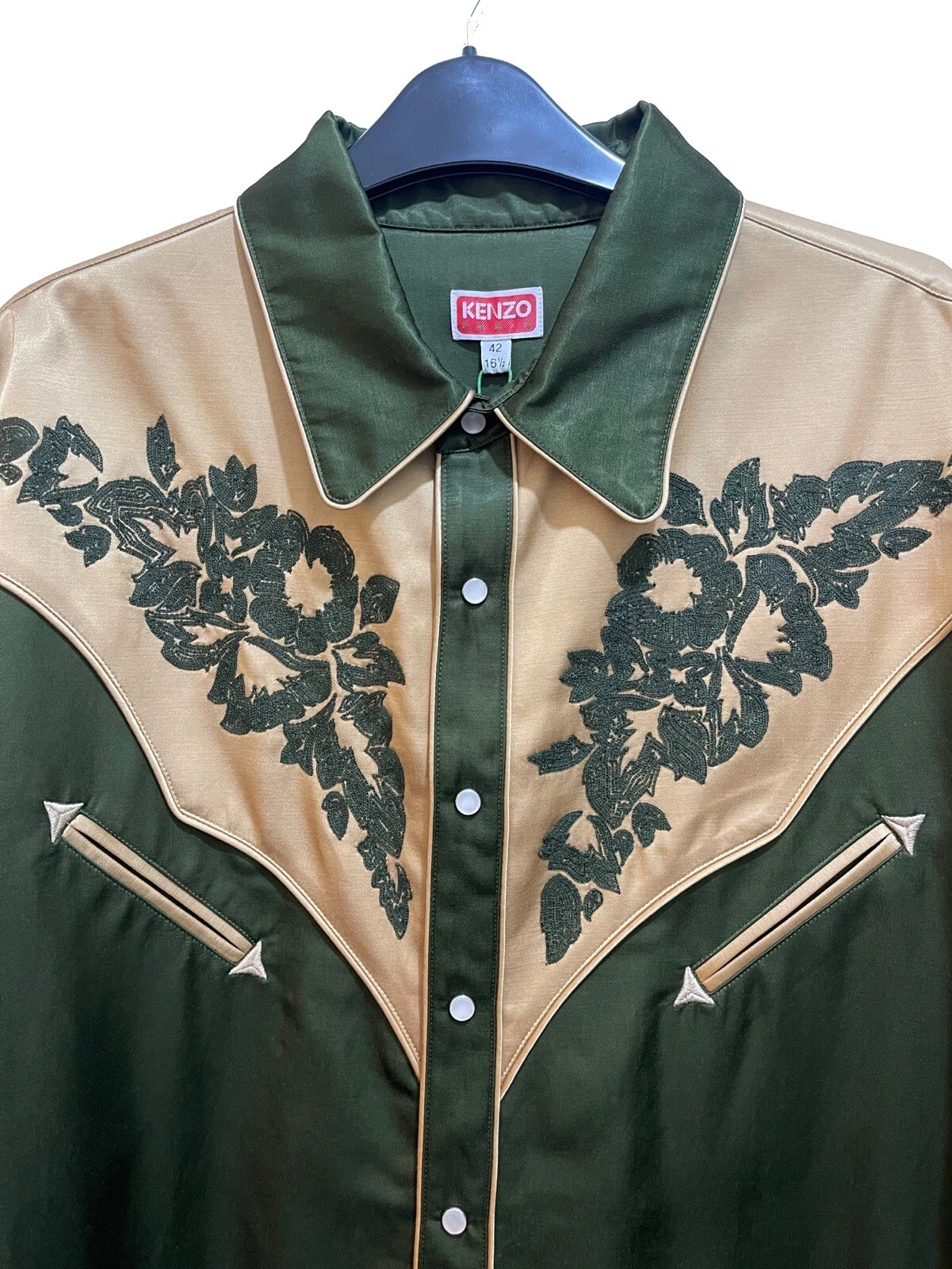 Kenzo Camicia Abito Uomo Floreale Manica Lunga Ricamata Verde Sabbia 42 16 5