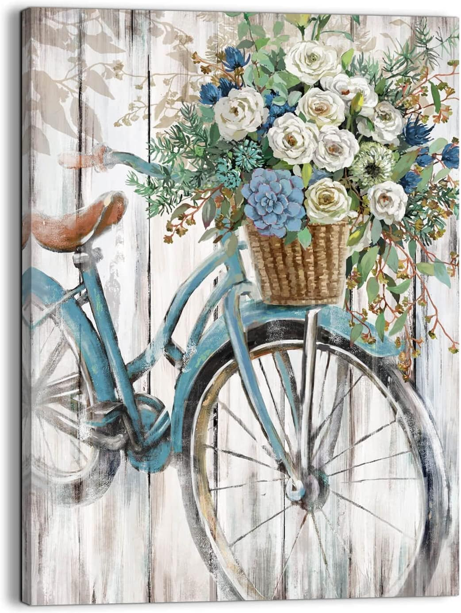 ROAD×canvas Wname lloncloss top Farmhouse Bathroom Wall Decor Canvas Art Blue Retro Bike Picture