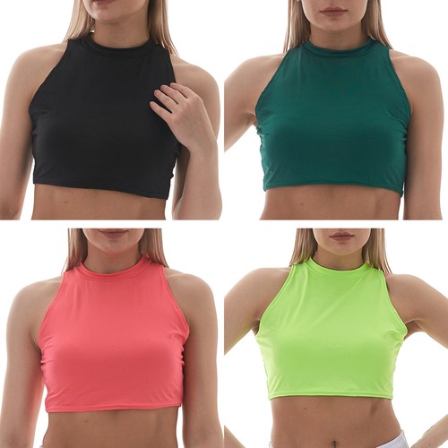 Damen kurzes Oberteil Fitnessstudio Shirt dehnbar Bluse Sport Clubwear ärmellose Taille Yoga - Bild 3 von 54