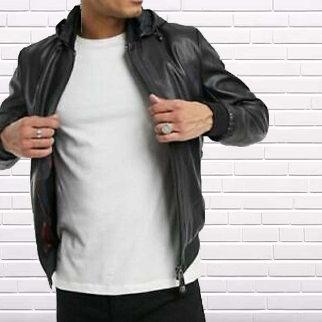 Men's Black Lambskin Leather Slim Fit Biker Bomber Jacket