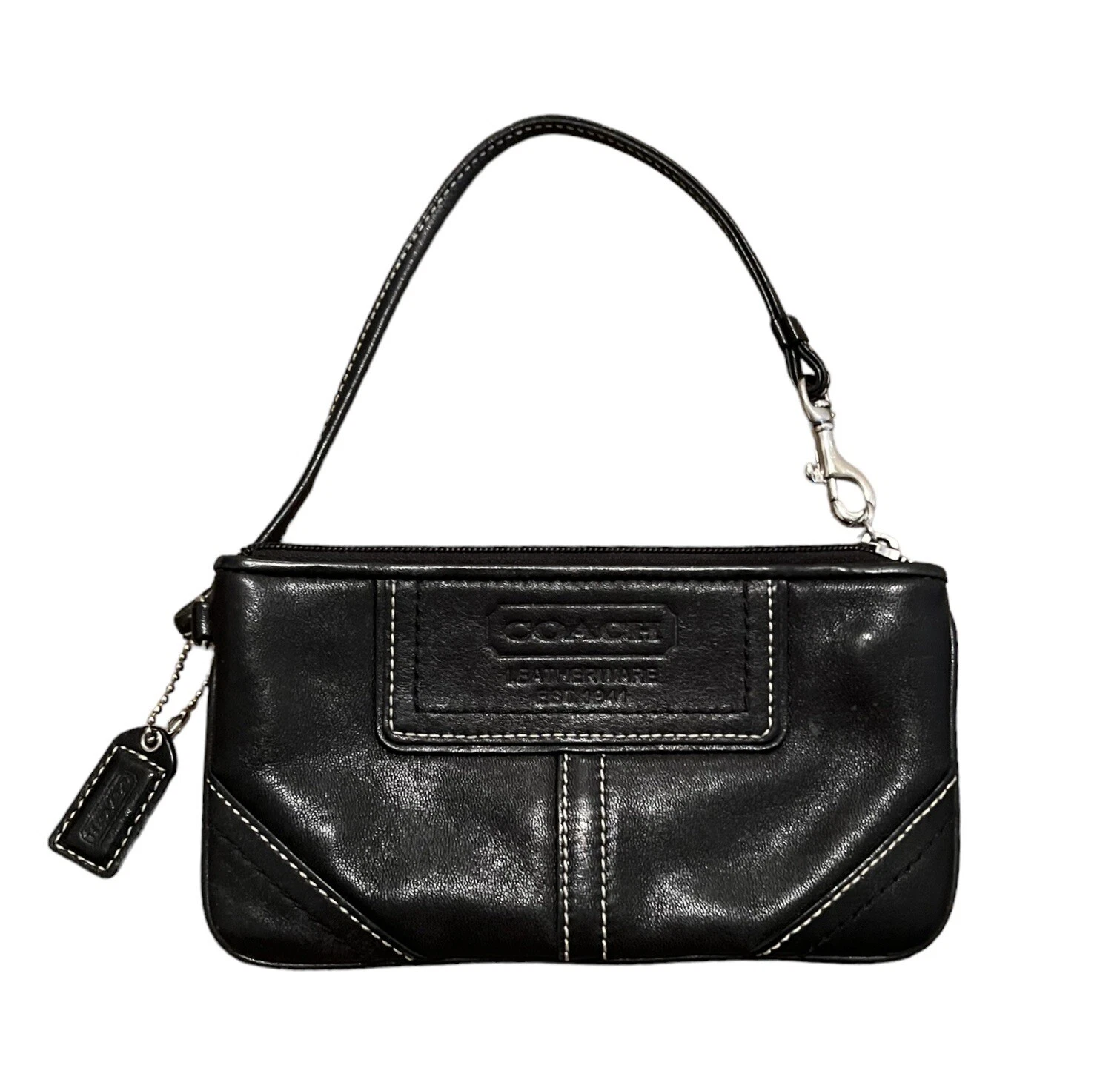 Vintage Coach Black Leather Handbag Purse Zip Top Clutch Wristlet Strap Y2K
