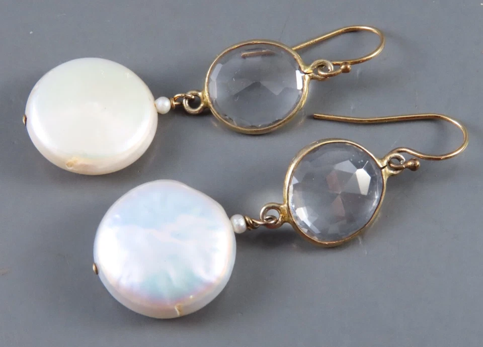 Pendientes colgantes RELLENOS DE ORO 14K GF CUARZO ROCA Y MONEDAS BLANQUECINAS PERLAS Biseles Foto 4 de 4