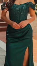Green Satin Off Shoulder Mermaid Gown Lace Bow Accents Side Slit Long Dress
