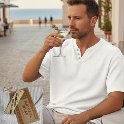 Herren Shirt  Baumwolle Weiß Zierknopfleiste V-Ausschnitt  Waffelpiqué L NEU