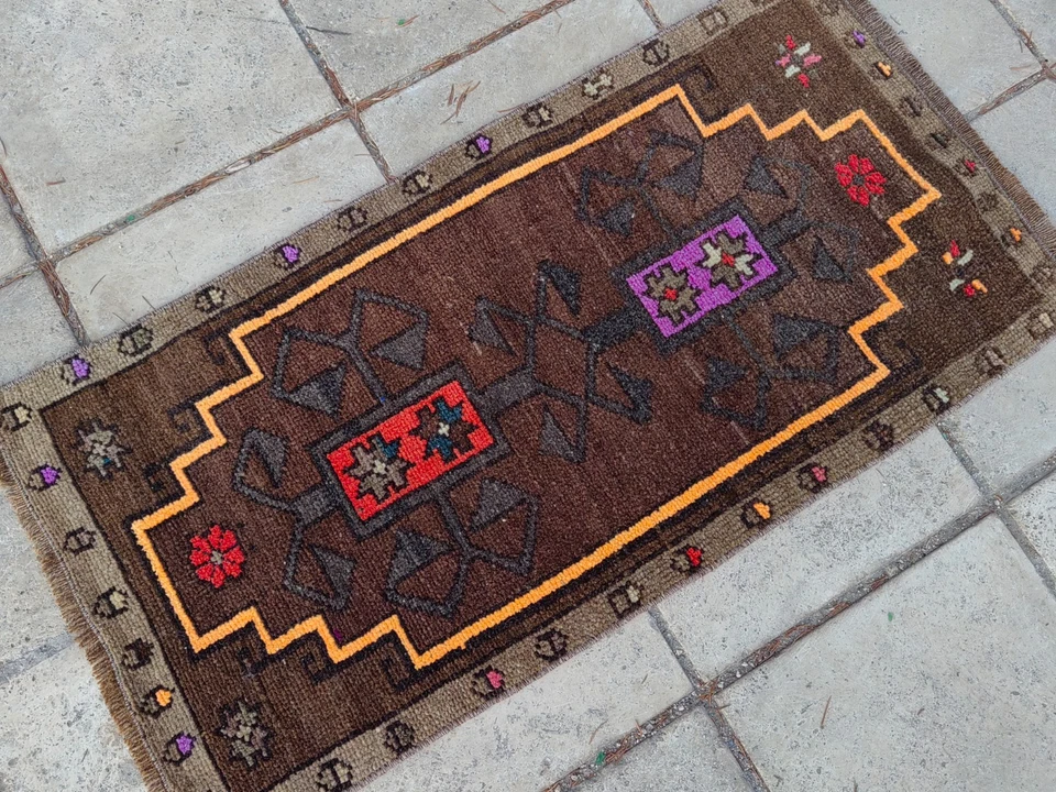 Vintage Turkish Rug 2.9x1.5 ft Handwoven Wool Brown Tribal Anatolian Carpet - Image 3 of 4