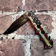Spring-Assisted Folding Knife | USA Flag Skull Medallion Stainless Steel Blade