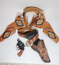 2 Vtg 60's Leather Holsters 1 Jeweled Double Studded  1 Tooled Single  Cap Gun