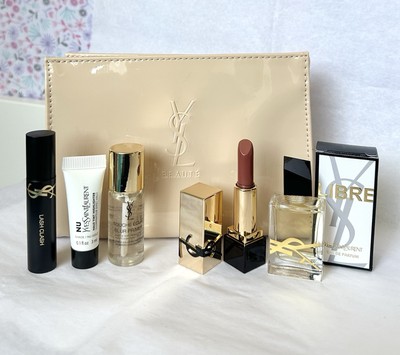 6PC YSL Libre EDP/Blur Primer/Lipstick/Mascara/Halo Tinted Highlighter/Ysl Pouch