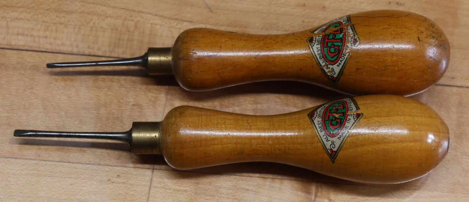 Pair of Vintage GTL Sheffield Small Wood Handled Cabinet Screwdrivers