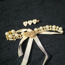 Girls Princess Pearl Rhinestone Heart Hair Clip Headband Set Gold White Bow