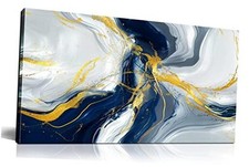 Abstract Wall Art Modern Blue Golden Grey Abstract Picture 20"L x 40"W White