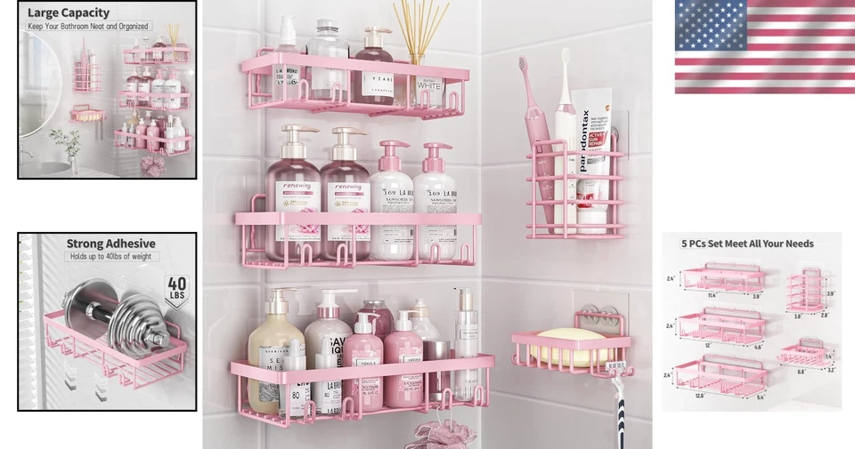 Органайзер для душа полка набор розовый ванная комната настенное хранение ржавый St... - Изображение 2 из 4