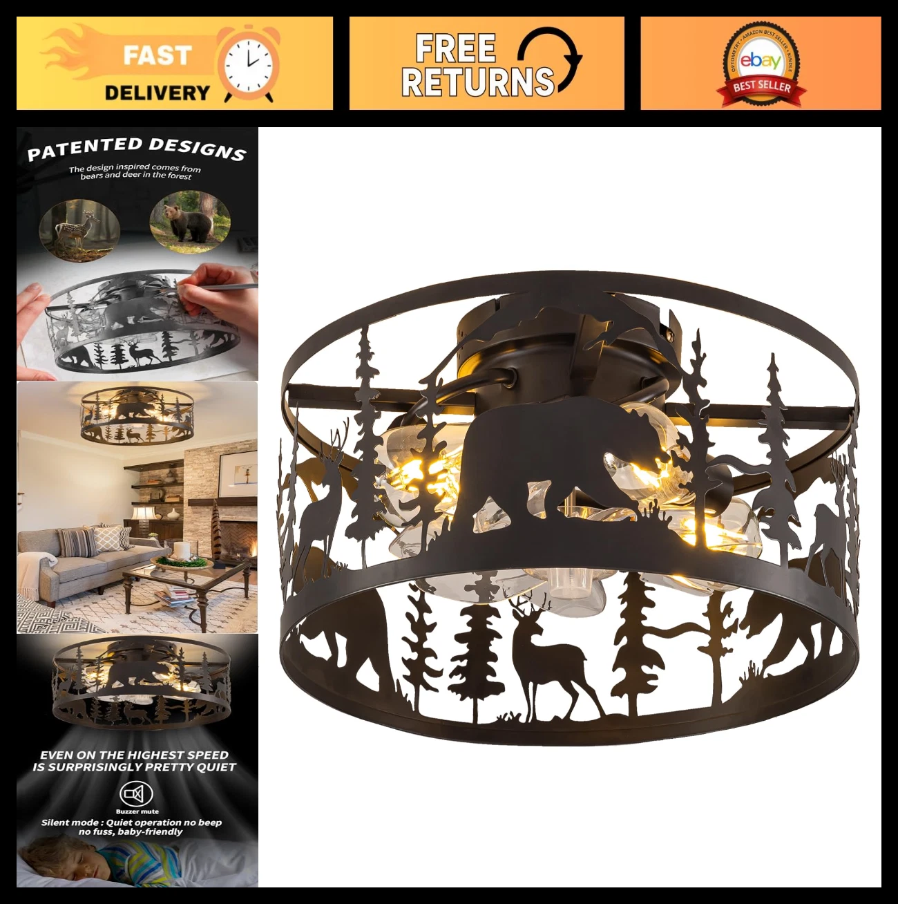 Rustic Caged Ceiling Fan with Lights & Remote, Bear Deer Design, Flush Mount Fan