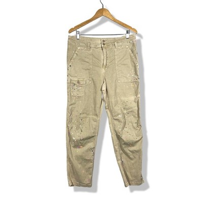 Anthropologie Wanderer Cargo Pants Womens 31 Khaki Paint Splatter Boho Utility