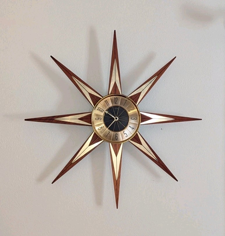 Vintage Mid Century Modern Elgin Welby 30" Starburst Sunburst Wall Clock Teak