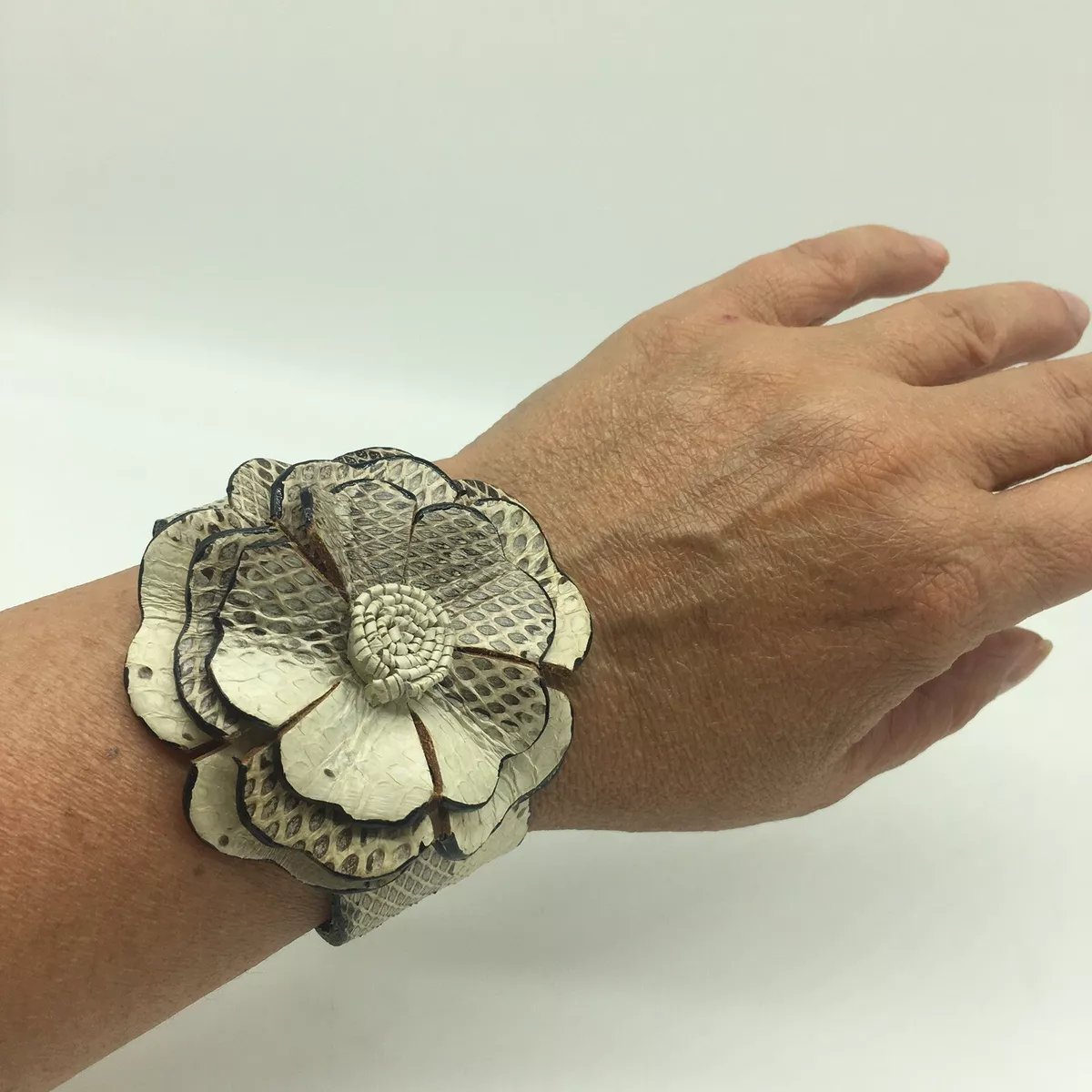 RARE Snake Skin Leather Flower Cuff Statement Bracelet Hand