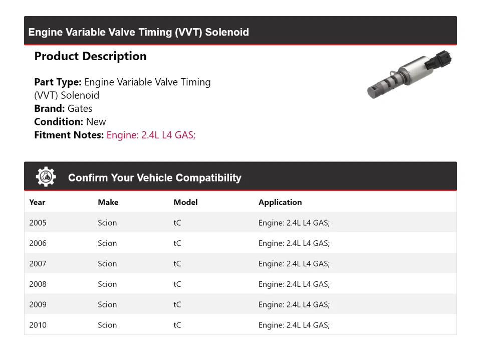 Puertas solenoides VVT para motor de gas L4 de 2,4 L Scion tC 2005-2010 2006 2007 2008 2009 Foto 2 de 4