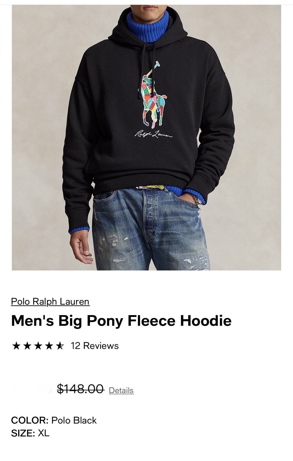 Felpa con cappuccio Polo Ralph Lauren uomo Big Pony pile ($148 prezzo al dettaglio) nera XL nuova con etichette