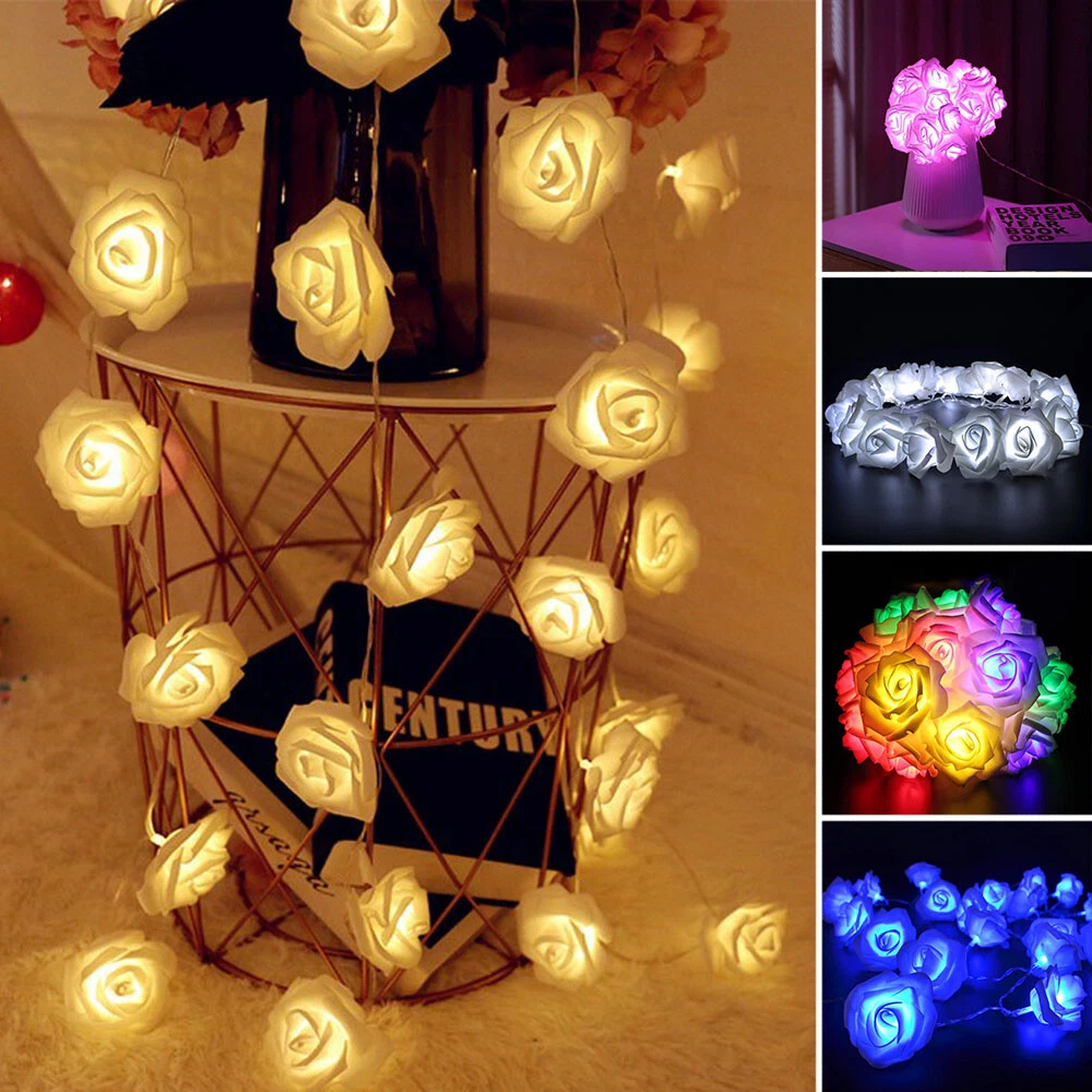 Artificial Flowers Fairy String Lights Battery LED Rose Flower