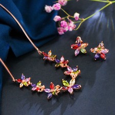 Small Flower Earrings Necklace Women Rose Gold Plated Cubic Zirconia Jewelry Set