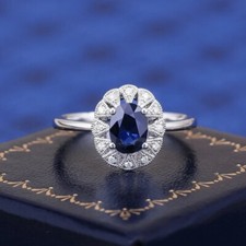 2.50Ct Oval Cut Simulated Blue Sapphire Halo Engagement Ring White Gold Plated