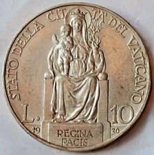 10 Lire 1930 Vatican City, Mary, Queen of Peace, Pius XI , Silver coin