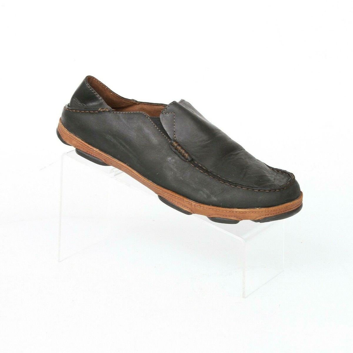 Olukai Moloa Black Leather Moc Apron Toe Slip On Loafer  display picture 2