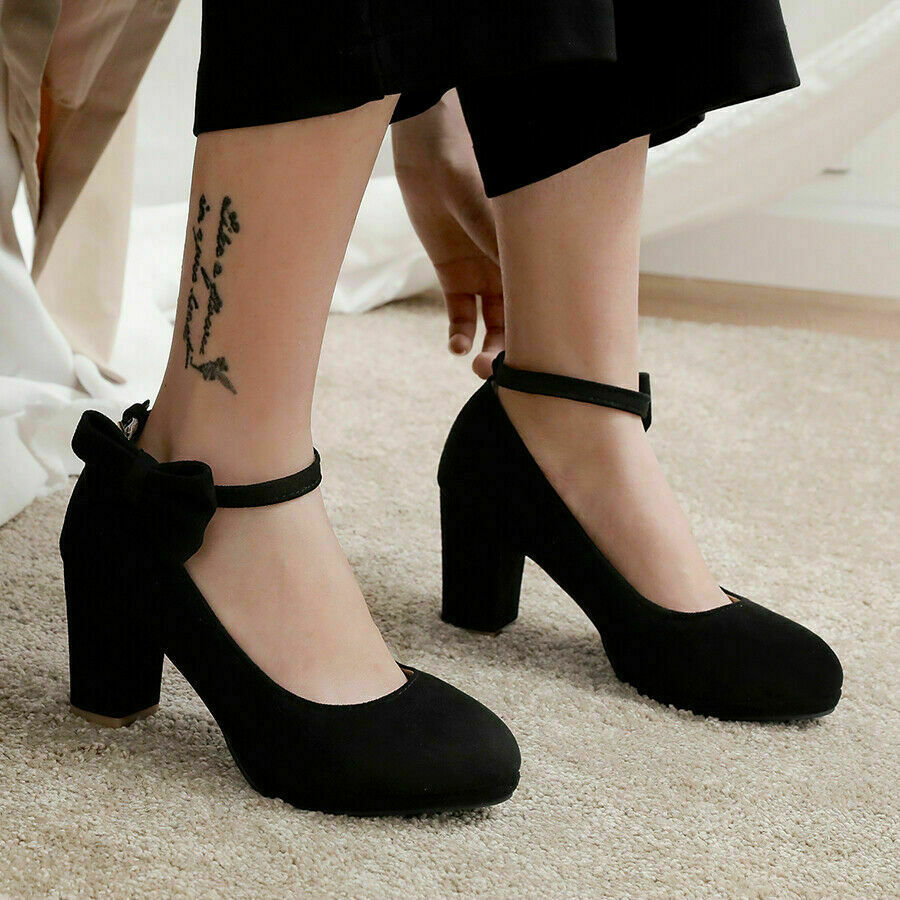 Ladies High Heels Thick Heel Ankle Strap Shoes Mary Jane Cute Bow Big Faux  Suede | eBay