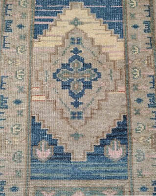Tariff Free! Modern Oushak Hand Knotted Floral Rug 2.5x8 Beige Blue Wool Carpet
