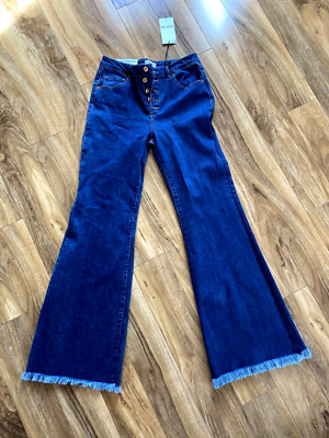 C'est Toi Women Jeans Flared Denim Blue Button Wide Leg Pants Mid Rise  Size 13