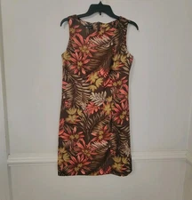 AB Studio Brown Sheath Dress Coral Tropical Leaf Floral Print Sleeveless Size 10