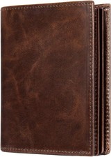Mens Leather Bifold RFID Vertical Wallet Extra Large Capacity Card L, Coffee