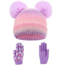 Girls Knit Beanie Hat and Glove Set Tie Dye 7-12 Years, Rainbow Purple