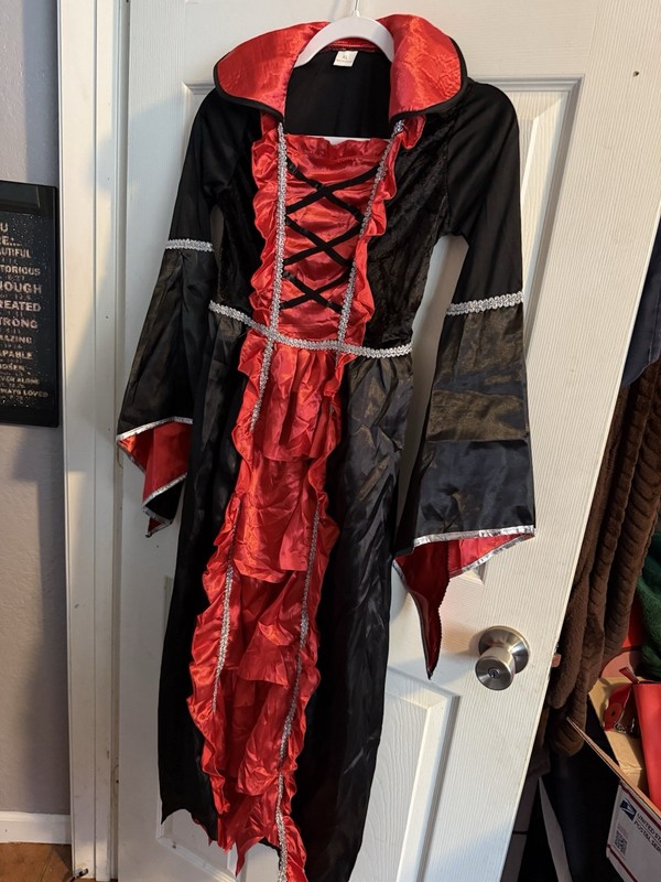 Gothic Vampire Queen Costume Gown Dress - Black & Red Velvet Style - XL Youth