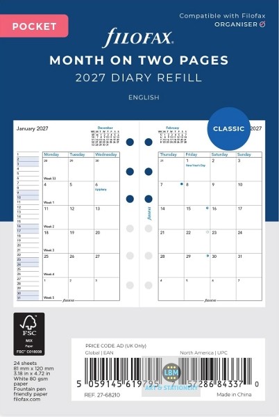 Filofax 2027 Pocket Diary - Month On Two Pages - Classic Refill - 68210